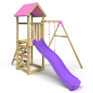 Rebo Adventure Wooden Climbing Frame, Swing Set and Slide - Rushmore Pink