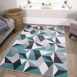 Duck Egg Blue Grey Diamond Geometric Living Room Rug 190x280cm