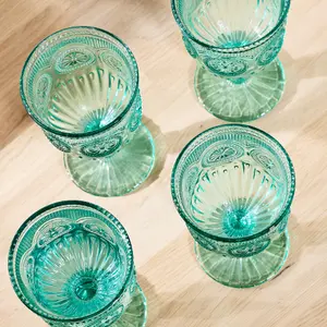 Set of 6 Vintage Luxury Turquoise Embossed Drinking Wine Glass Wine Goblets 290ml