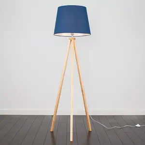 ValueLights Barbro Modern Light Wood Tripod Design Floor Lamp with Navy Blue Tapered Shade - Includes 6w LED GLS Bulb 3000K