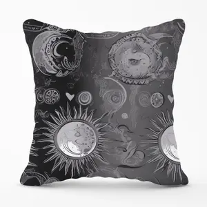 Black Grey Abstract Sun and Moon Outdoor Cushion 45cm x 45cm