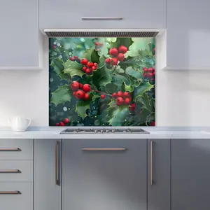 Festive Holly with Dew-Kissed Berries Premium Glass Kitchen Splashback W700mm x H650mm