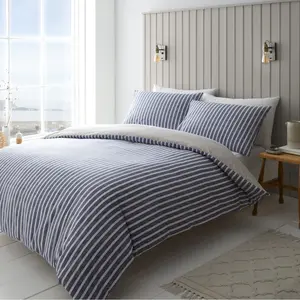 Textured Banded Stripe Reversible Duvet Cover Set with Pillowcases Blue / Single - 1 Standard Pillowcase