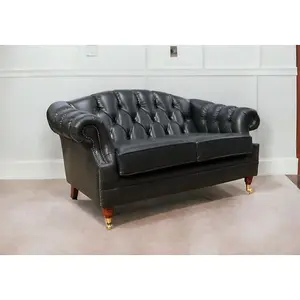 Chesterfield 2 Seater Old English Black Leather Sofa Settee Bespoke In Victoria Style