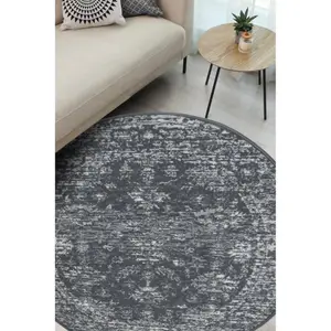 Melrose Colorama Traditional Design Charcoal Area Circular Round Rug 120x120cm