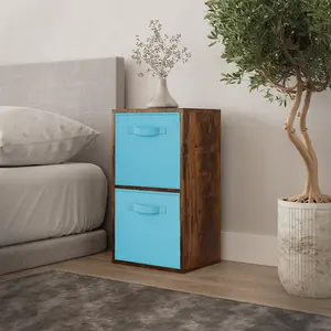 URBNLIVING 54cm Height Rustic Brown 2-Tier Cube Shelving Unit with Sky Blue Inserts