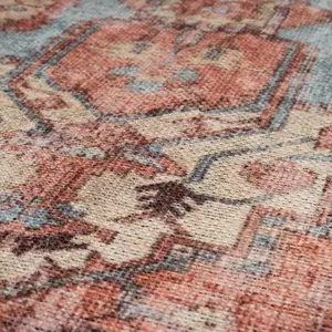 Distressed Terracotta Blue Persian Style Washable Non Slip Rug 200x290cm