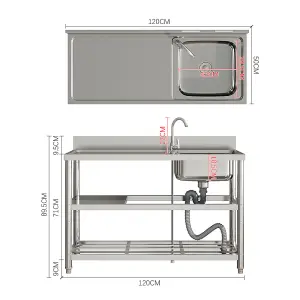 Left Hand Drainer Rectangle One Compartment Stainless Steel Sink with Shelves