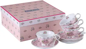 London Boutique Coffee Tea cup and Saucer set 4 Shabby Chic Vintage porcelain Bird Butterfly Flora Gift Box (Rose Pink)