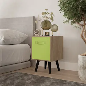 URBNLIVING 50cm Height Green 1-Drawer Cube Oak Shelving Unit with Scandinavian Black Legs