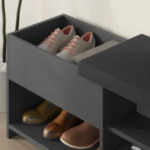 Decortie Modern Filux Shoe Bench Rack Anthracite Sliding Fabric Seat and 120.3(W) Storage Cabinet 2-Tier Open Shelves Hallway