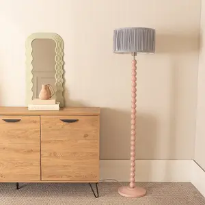 ValueLights Bobbins Painted Rose Floor Lamp with Ruched Pleated Powder Blue Drum Shade and LED Bulb