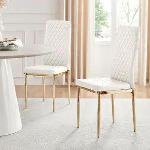 Set of 6 Milan White High Back Soft Touch Diamond Pattern Faux Leather Golden Chrome Metal Leg Dining Chairs