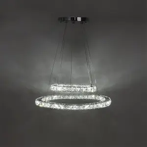 Modern 2 Tier Circular Adjustable Crystal Integrated LED Ceiling Pendant Light 50cm Cool White