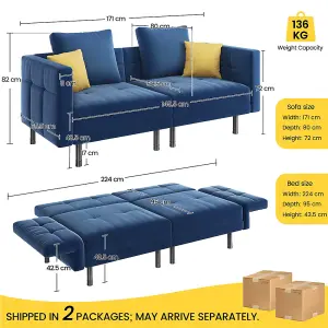 Yaheetech 2 Seater Velvet Convertible Sofa Bed with 4 Pillows - Blue