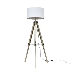 ValueLights Clipper Modern Light Wood & Chrome Tripod Floor Lamp with White Drum Shade with 6w LED ES E27 Frosted GLS Bulb