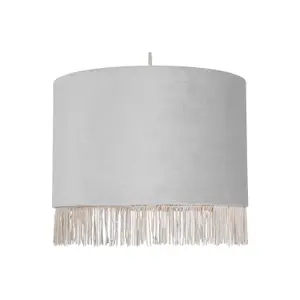 First Choice Lighting Fringed Silvery Grey 23cm Fringed Velvet Pendant Shade