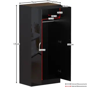 Vida Designs Hulio Black High Gloss 2 Door Wardrobe (H)1700mm (W)760mm (D)470mm