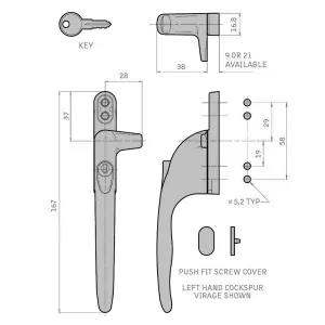 Yale Virage Cockspur Window Handle (3 Pack) - Silver, Left, 9mm