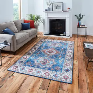 Dark Blue Traditional Easy to Clean Bordered Geometric Rug For Dining Room Bedroom And Living Room-60 X 225cm