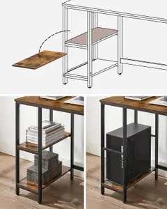 VASAGLE Workstation Table, Computer Desk, Writing Table with Shelves, Desk, Steel Frame, Industrial, Rustic Brown and Black