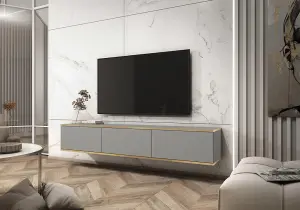 Oro Floating TV Cabinet in Grey - Exquisite and Refined Wall-Mounted Media Console with Doors (W1750mm x H300mm x D320mm)