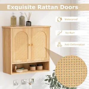 Costway Wall Mounted Storage Cabinet 3-Tier Bathroom Cabinet w/ 2 Rattan Doors