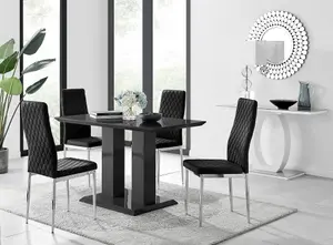 Furniturebox Imperia 4 Modern Black High Gloss Dining Table and 4 Black Velvet Milan Chairs