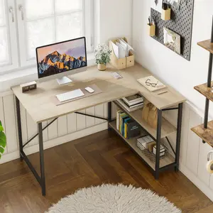 L-Shaped Desk (120 or 140cm x 90cm) Corner Desk with Adjustable Shelves by Aliff Oak / 74cm H x 120cm W x 90cm D