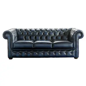 Chesterfield 3 Seater Antique Blue Real Leather Sofa Bespoke In Classic Style