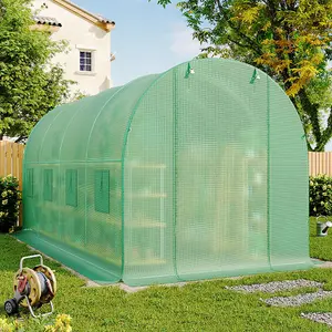 Green Walk In Steel Frame Garden Tunnel Greenhouse with Roll Up Door Windows, 4x3x2M