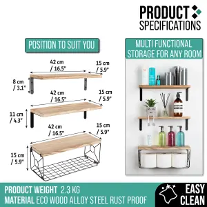 Floating Shelf Wall Mounted 3 Wood Shelves With Metal Basket