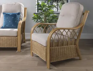 Desser Viola Light Oak Natural Rattan Conservatory Armchair Real Cane Indoor Wicker Chair with UK Sewn Cushion in Biscuit