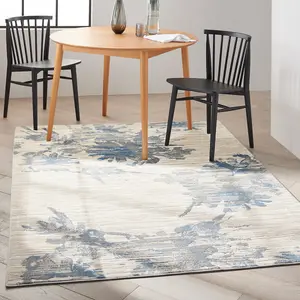 Ivory Grey Blue Abstract Modern Floral Rug Easy to clean Living Room Bedroom and Dining Room -244cm X 305cm