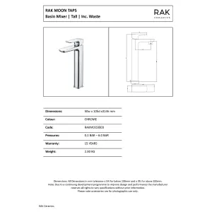 RAK Moon Tall Matt Black Modern Basin Tap Solid Brass