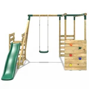 Rebo Wooden Children's Swing Set with Monkey Bars plus Deck & 6ft Slide - Single Swing - Solar Green