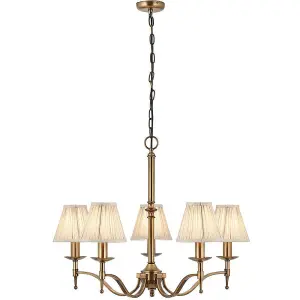 Avery Ceiling Pendant Chandelier Light 5 Lamp Antique Brass & Beige Pleat Shade