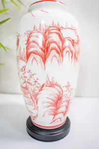 Red Oriental Ceramic Table Lamp with Pleated Shade