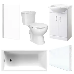 Modern Bathroom 3 Piece Suite 1700 x 700 Bath, Waterproof Front Panel, Close Coupled WC, 550mm 2 Door Vanity Unit