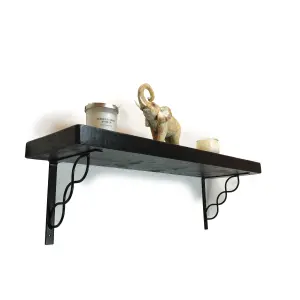 Solid Wood Handmade Rustical Shelf Black Ash 225mm 9 inch with Black Metal Bracket WPRP Length of 20cm