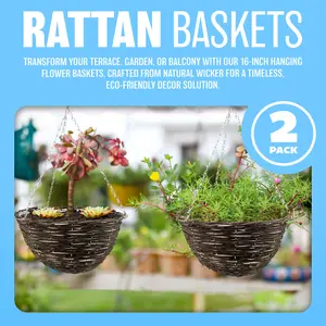 Set Of 2 Rattan Natural Wicker Hanging Basket Flower Plant Pot Garden 16"