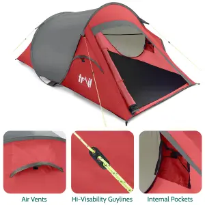 2 Man Pop Up Tent Lightweight Portable Camping Festival Shelter Single Skin Trail - Red