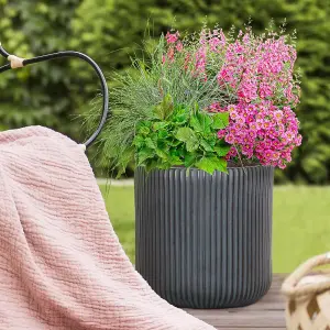 IDEALIST 30cm Round Planter, Ribbed Black Reinforced Stone Cylinder Outdoor Plant Pot D30 H30 cm, 21.6L