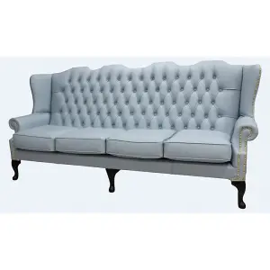 Chesterfield 4 Seater Flat Wing High Back Shelly Parlour Blue Leather Sofa In Queen Anne Style