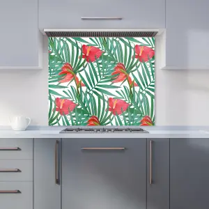 Tropical Flowers And Palm Leaves Premium Glass Kitchen Splashback W600mm x H650mm