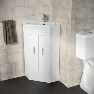 Nes Home Modern Corner Basin Sink 550 mm White Vanity Cabinet Floor Standing