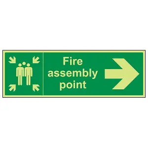 Fire Assembly Point Arrow RIGHT Sign - Glow in Dark - 600x200mm (x3)