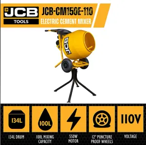 JCB 110V 134L Seam Welded Tip Up Cement Mixer 550W Electric Motor  JCB-CM150E-110