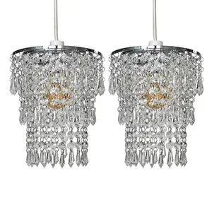 ValueLights Pair Of Modern Chrome Chandelier Pendant Shades With Clear Acrylic Jewel Droplets