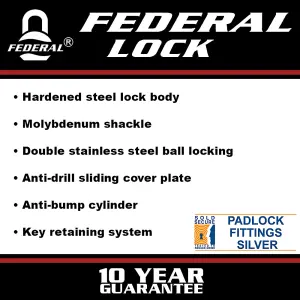 Federal Lock 730 Solid Steel Padlock - Sold Secure Silver CEN4